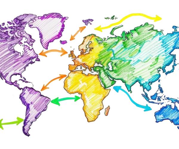 Hand drawn map of the world with arrows pointed to vaious regions